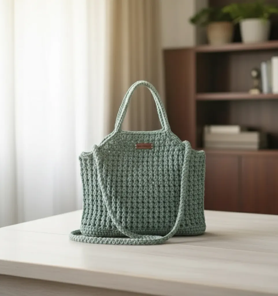 Açık Yeşil Makrome Örgü Omuz Çantası - Kadın Kol Çantası - El Emeği