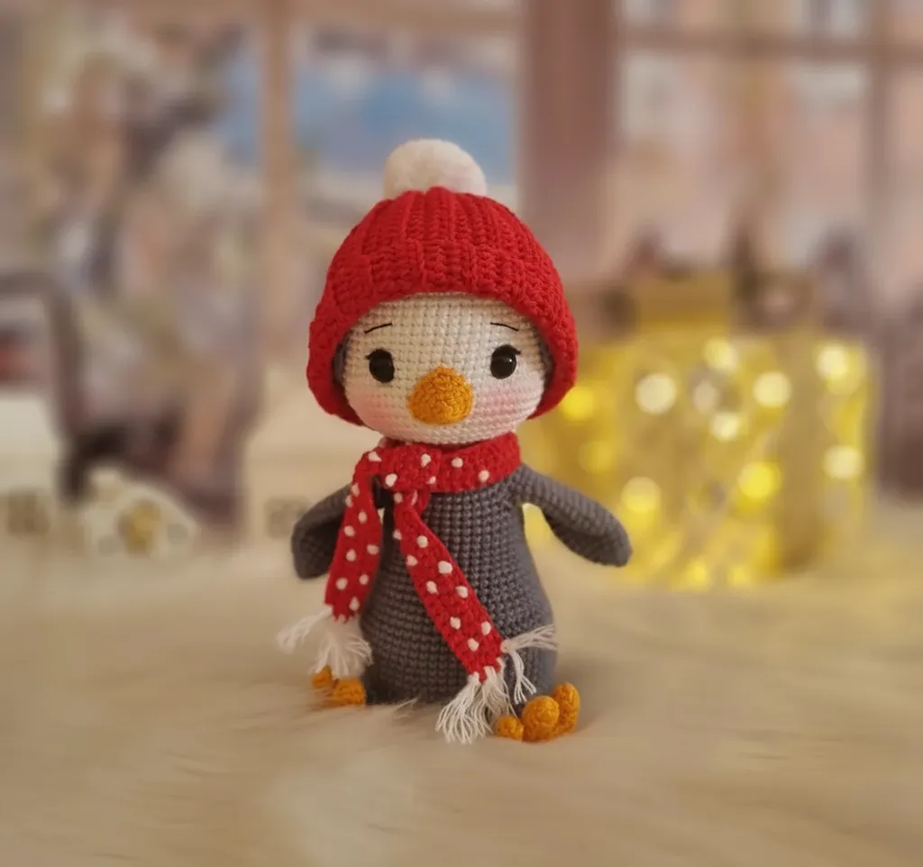 Örgü Penguen Oyuncak Bebek - Kırmızı Şapkalı ve Desenli Atkılı - El Emeği