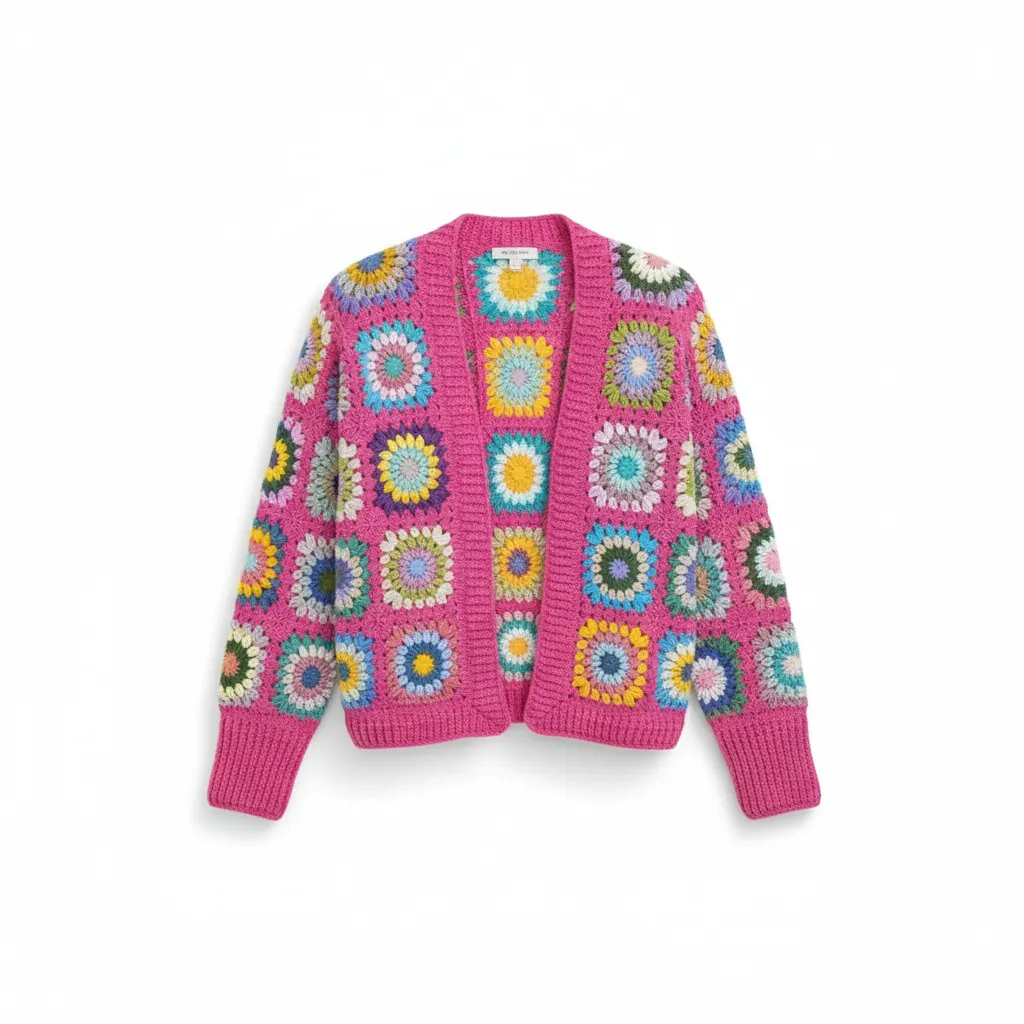 Pembe Gökkuşağı Motifli Pamuklu Örgü Hırka - 36-40 Beden Aralığı