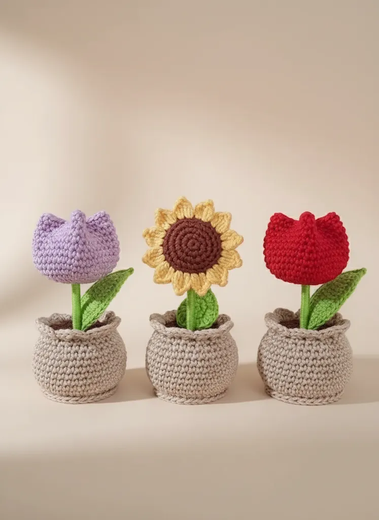 Örgü Amigurumi Çiçek Buketi - Üçlü Solmayan Dekoratif Set