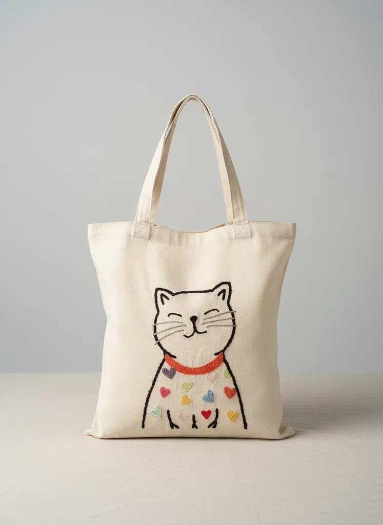 Renkli Kalpli Kedili Punch İşlemeli Keten Bez Omuz Çantası