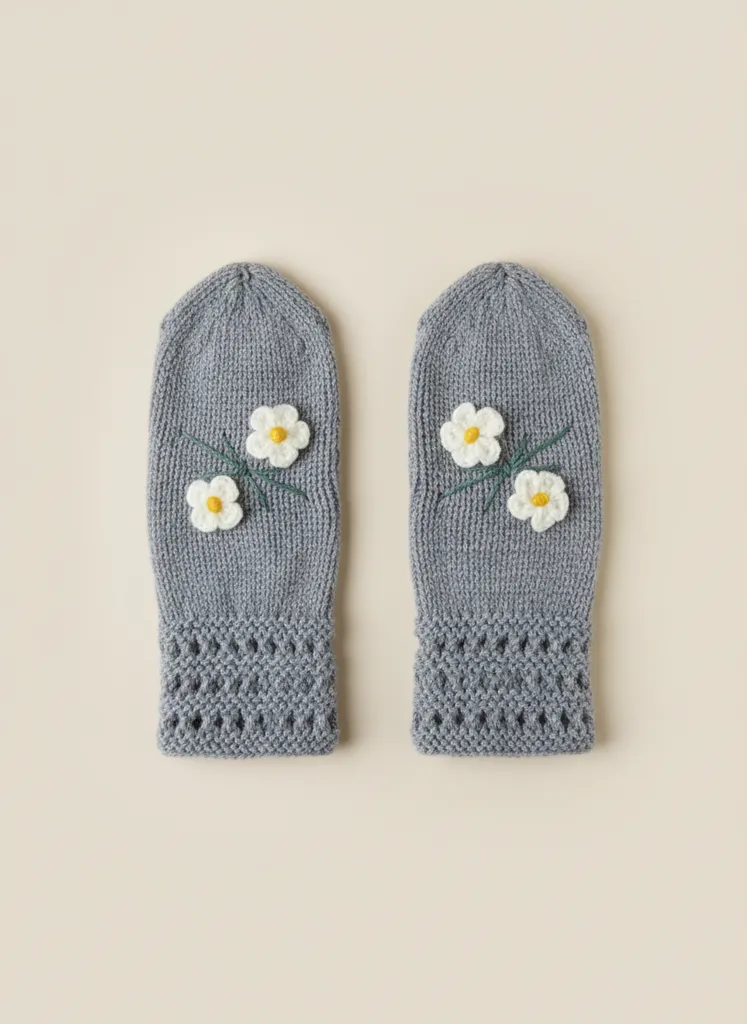 Gri Renkli Çiçek Detaylı Örgü Parmaksız Eldiven - El Örgüsü