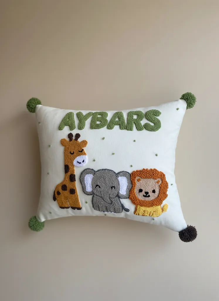 İsim Yazılı Safari Hayvanları Desenli Bebek Yastığı - El Yapımı
