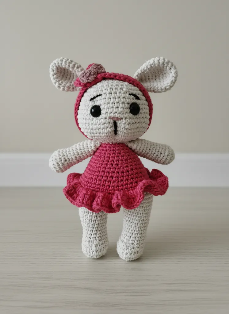 Pembe Elbiseli Örgü Tavşan Amigurumi Oyuncak Bebek - El Emeği
