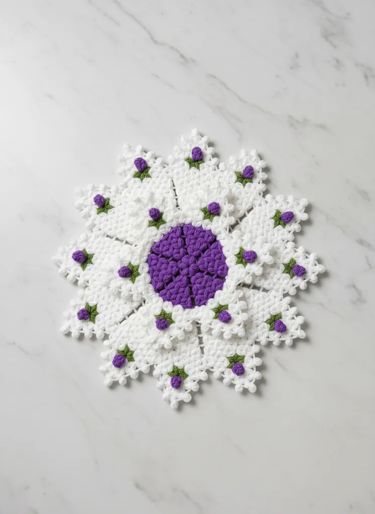 Beyaz ve Mor Çiçek Desenli Banyo Lifi - Çeyizlik El Emeği