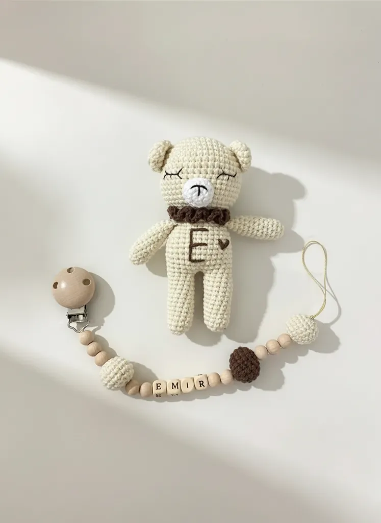 Amigurumi Uyku Arkadaşı Mini Ayı ve İsimli Emzik Zinciri Seti