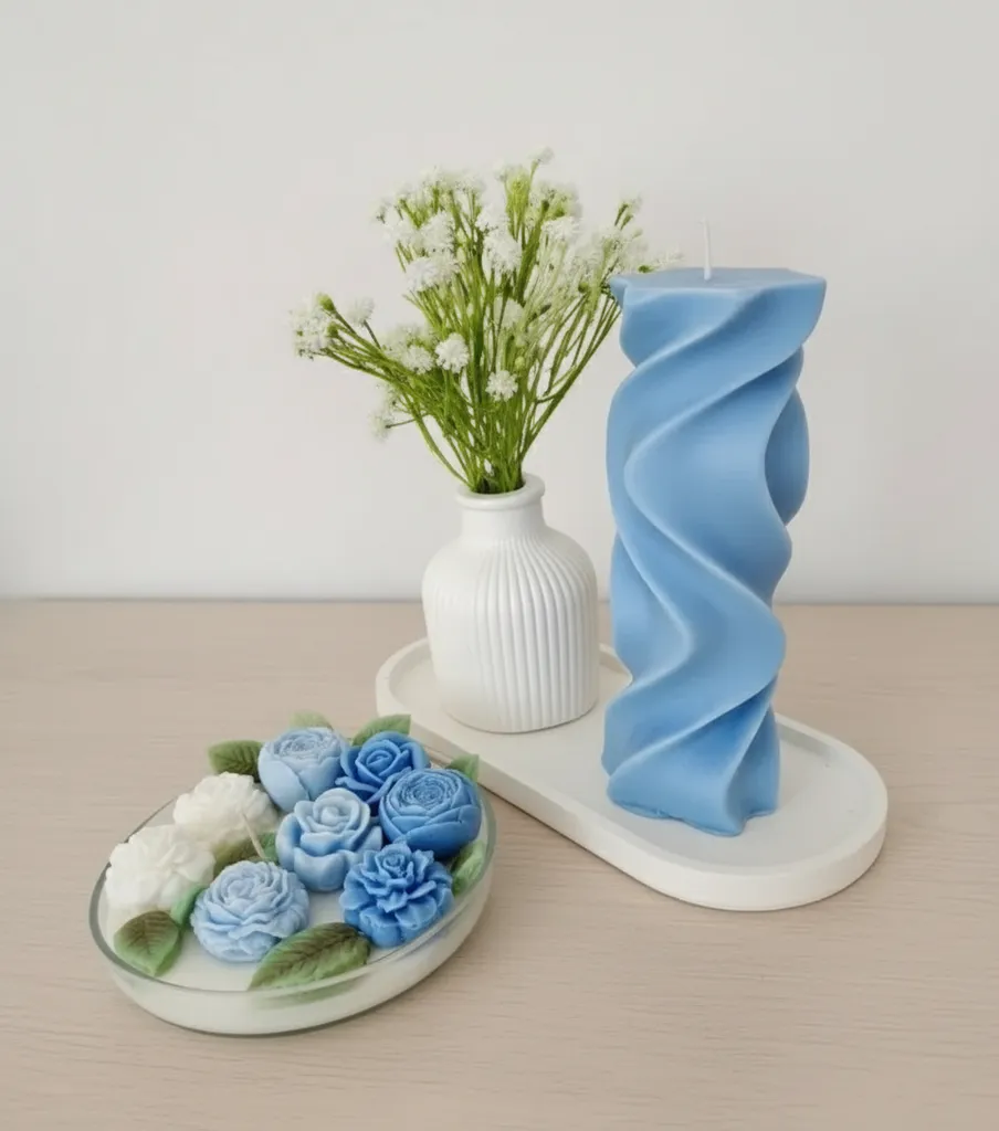 Mavi Çiçekli Doğal Mum Seti - %100 Soya Wax El Yapımı