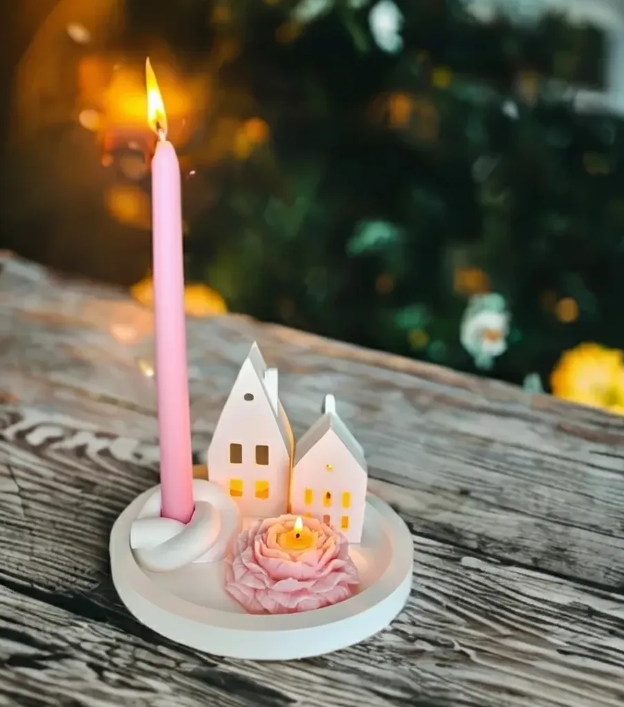 Pembe Şakayık ve Ev Figürlü Doğal Mum Seti - Soya Wax