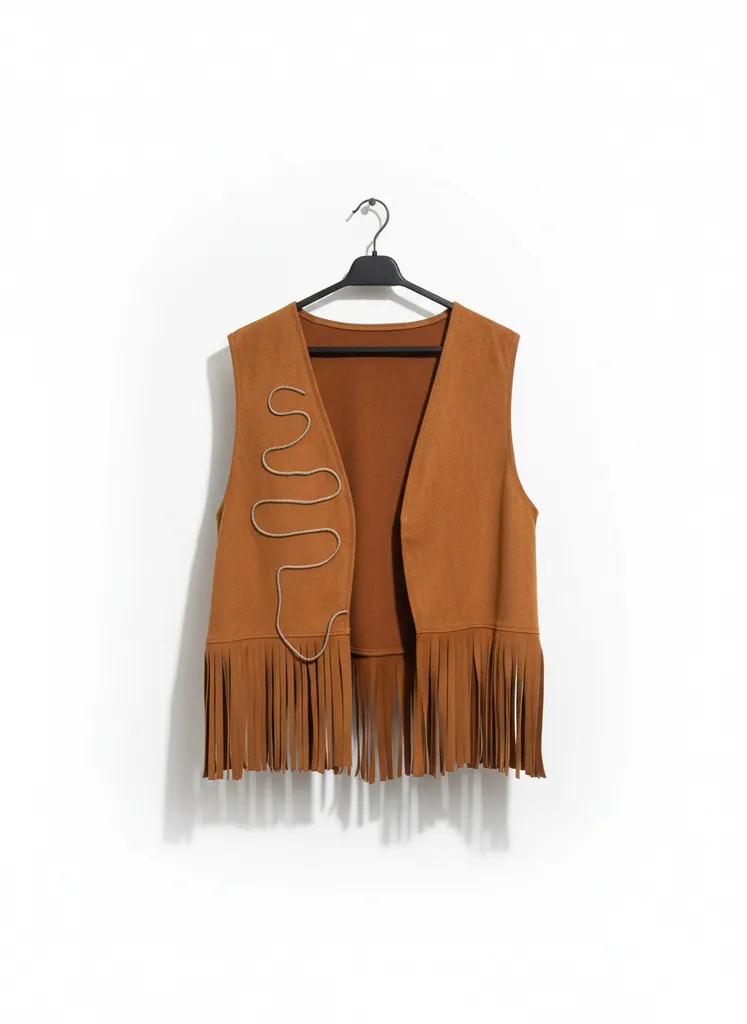 Kahverengi Süet Görünümlü Püsküllü Kovboy Yeleği - El Yapımı