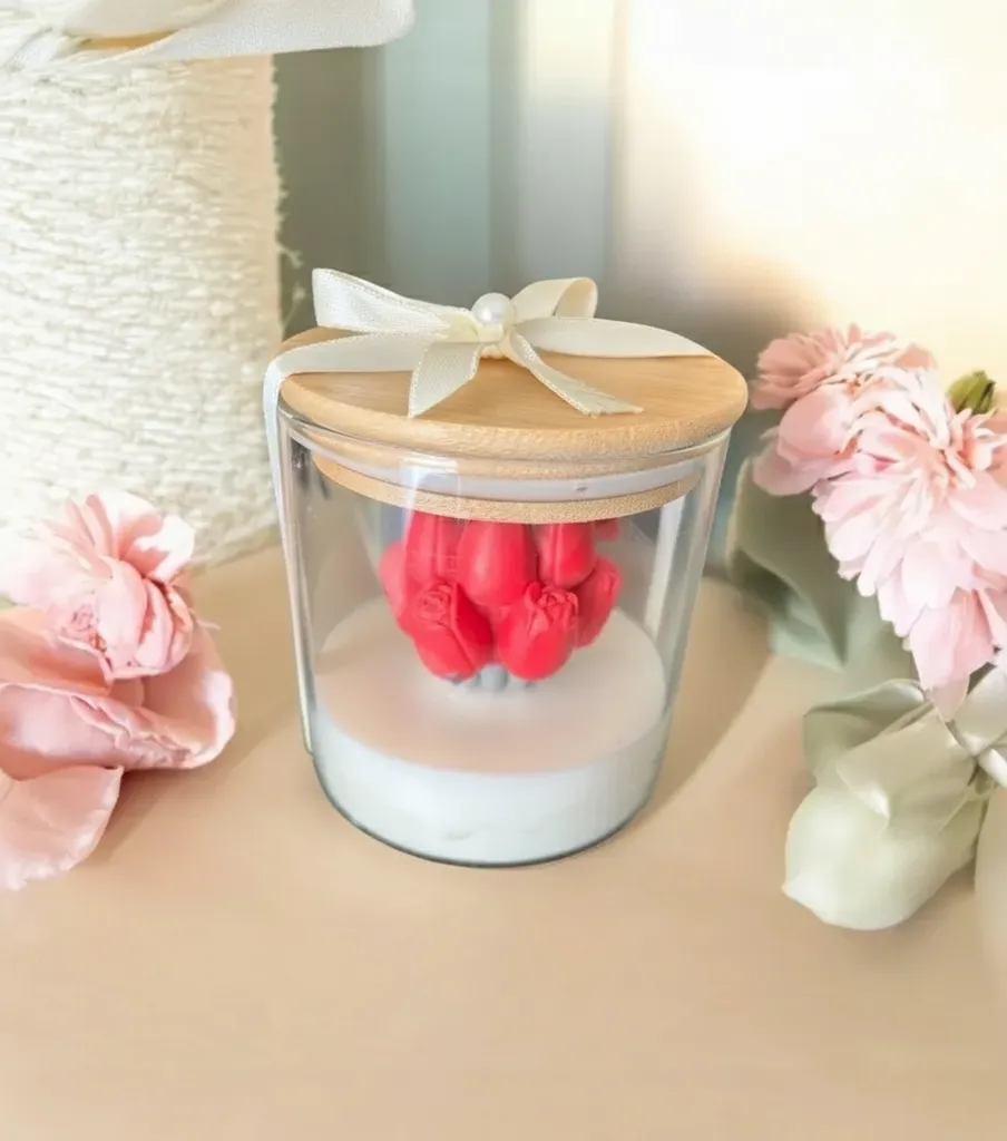 Nazlı Lale Figürlü Doğal Soya Mum - Bambu Kapaklı Cam Kavanoz