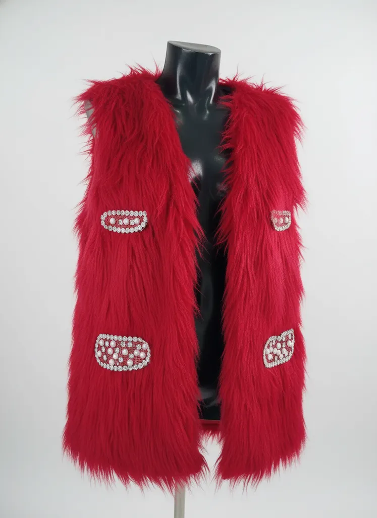 Kırmızı Tüylü Yelek - Taş Detaylı, El Örmesi, Şık Tasarım
