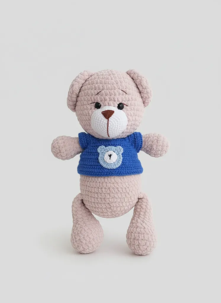 Mavi Tişörtlü Peluş Ayıcık Oyuncak - Amigurumi El Emeği