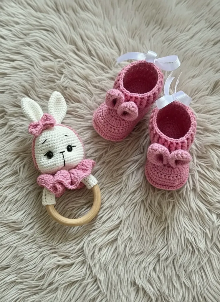 Pembe Amigurumi Tavşan Çıngırak ve Fiyonklu Bebek Patik Seti
