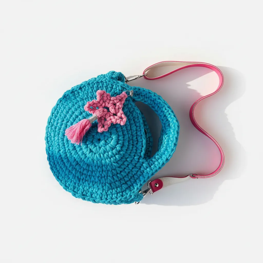 Mavi Örgü Çanta - Ayarlanabilir Askılı, Çiçek Detaylı - El Emeği