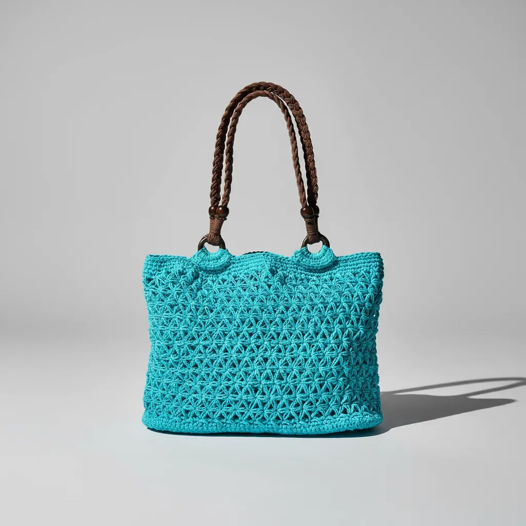 Mavi Makrome Örgü Omuz Çantası - 31cm Yükseklik ve 51cm Askı