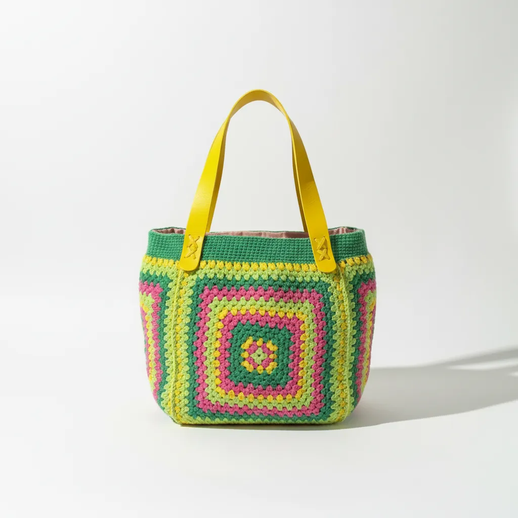 Örgüsü Kare Motifli Yeşil Pembe Sarı Çanta - Daphne Model - El
