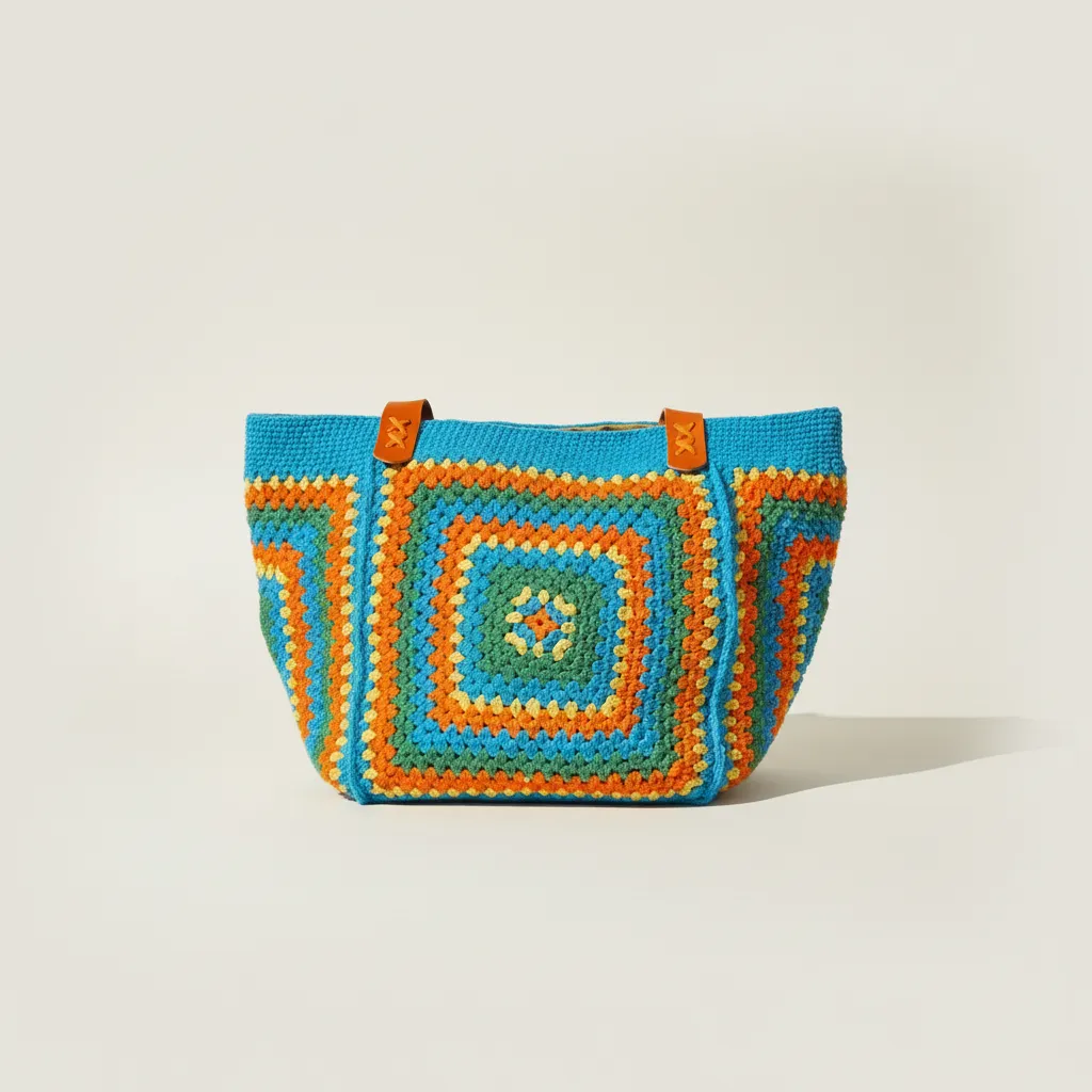 Mavi Renkli Kare Motifli Örgü Çanta - El Emeği Tasarım