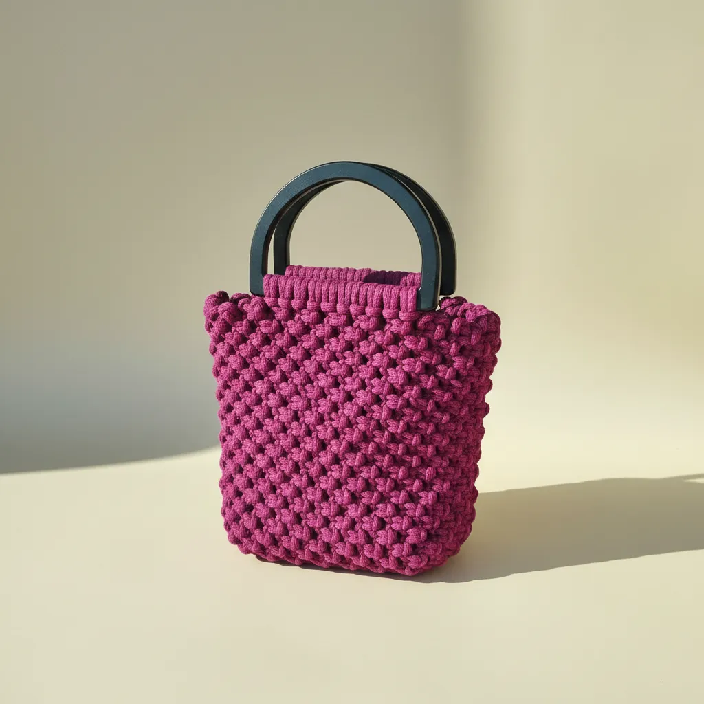 Fuşya Makrome Örgü Çanta Ahşap Saplı - Cassandra Model Benzeri