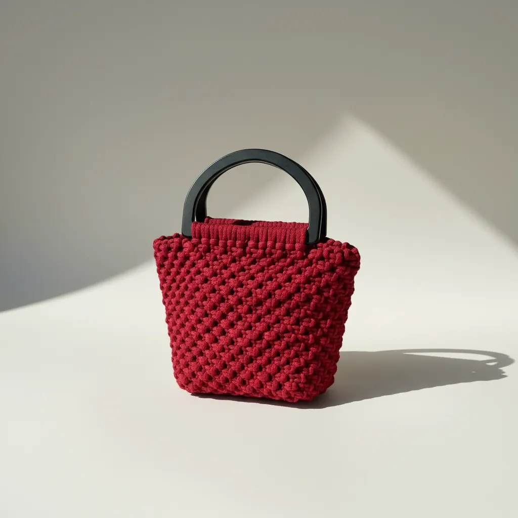 Bordo Makrome Örgü Çanta - Ahşap Saplı ve Uzun Askılı - El Yapımı