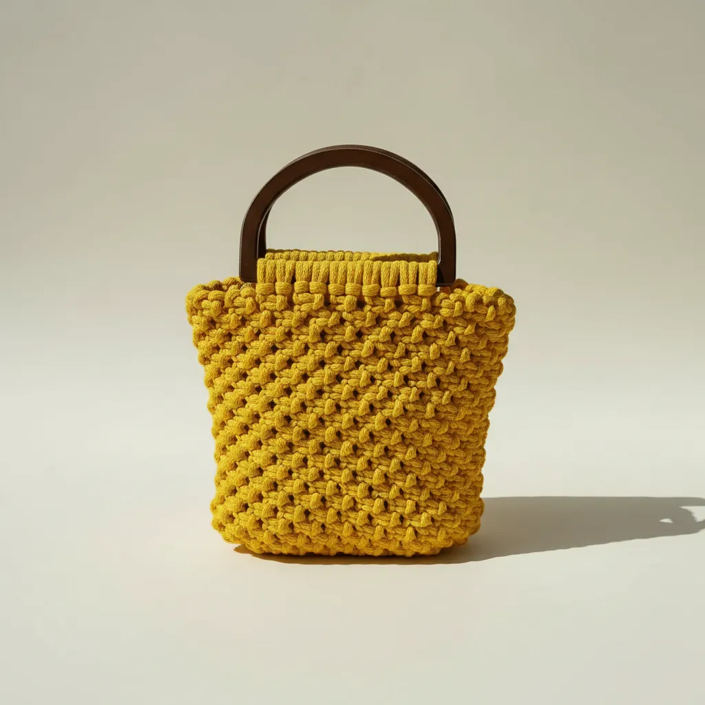 Sarı Makrome Örgü Çanta Ahşap Saplı - Cassandra Model 24 cm
