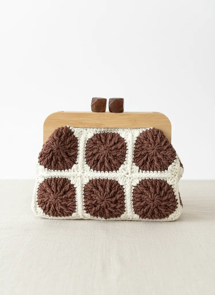 Kahverengi ve Krem Renkli Örgü Koton İp Çanta Ahşap Saplı - El Emeği