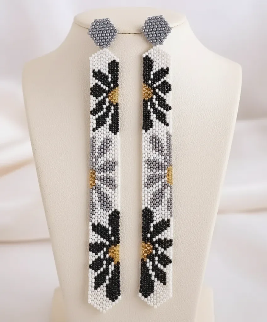 Miyuki Boncuklu Papatya Desenli Uzun Küpe - El Emeği