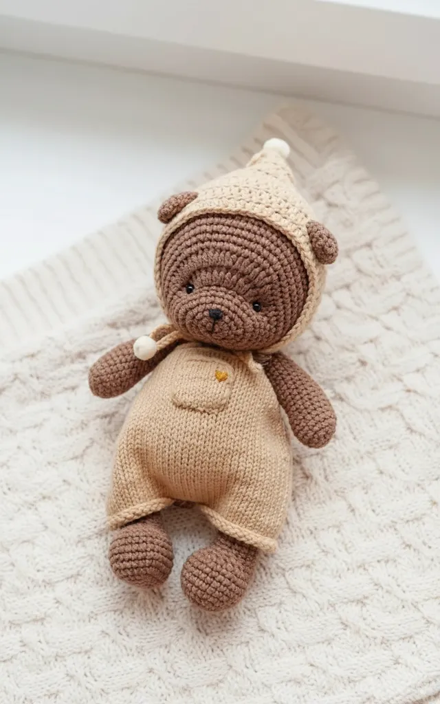 Örme Tulumlu Şapkalı Ayıcık Amigurumi - 24 cm Pamuklu Oyuncak