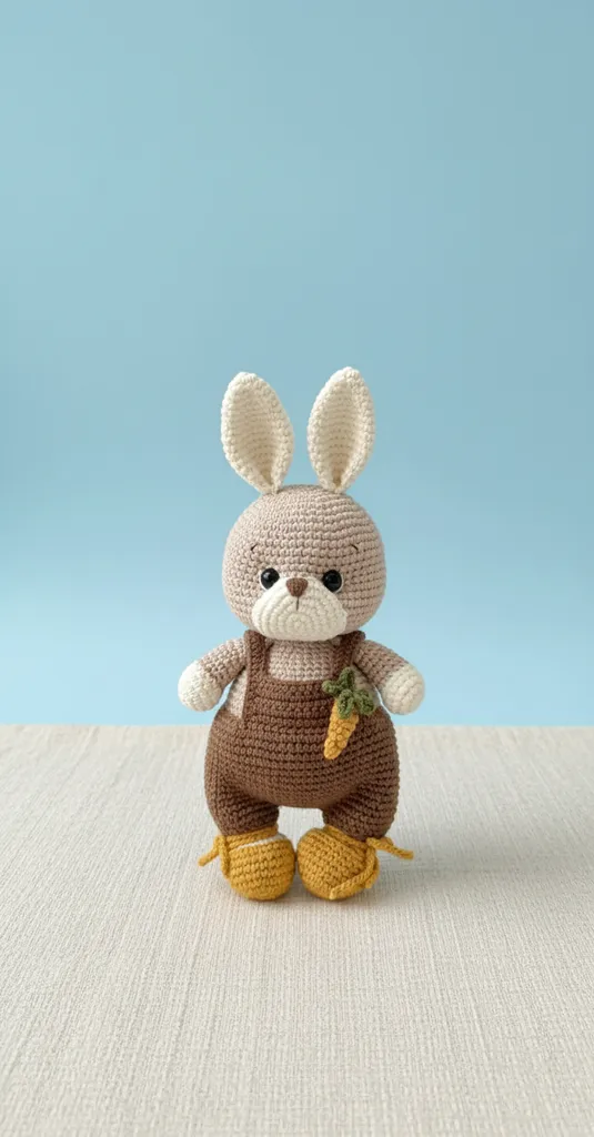 Kahverengi Tulumlu Havuçlu Amigurumi Tavşan Oyuncak Bebek (24 cm)