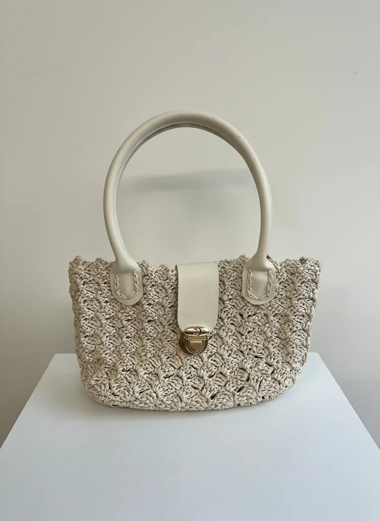 Hasır Örgü Krem Kulplu Kadın El Çantası - Yazlık Plaj Çantası