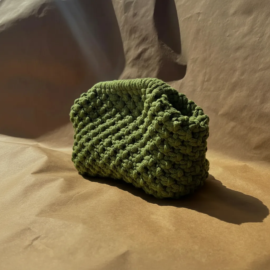 Haki Renk Makrome İpinden Örme Çanta - Doris Model 22 cm