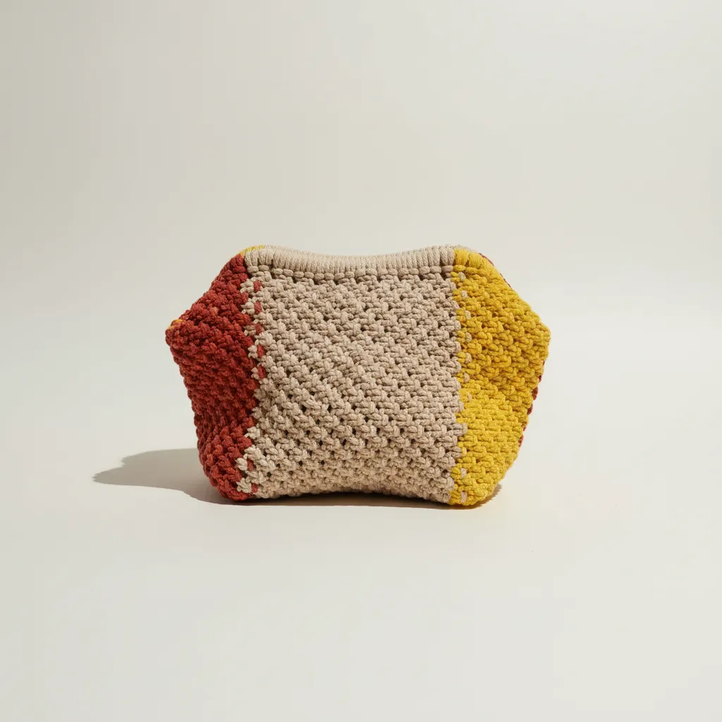 Makrome Örgü Doris XL Çanta - Bej, Sarı ve Turuncu Renkli, El Yapımı