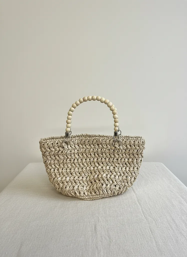 Bej Renk Afrika Rafyası Yıkanabilir El Çantası - Ahşap Saplı