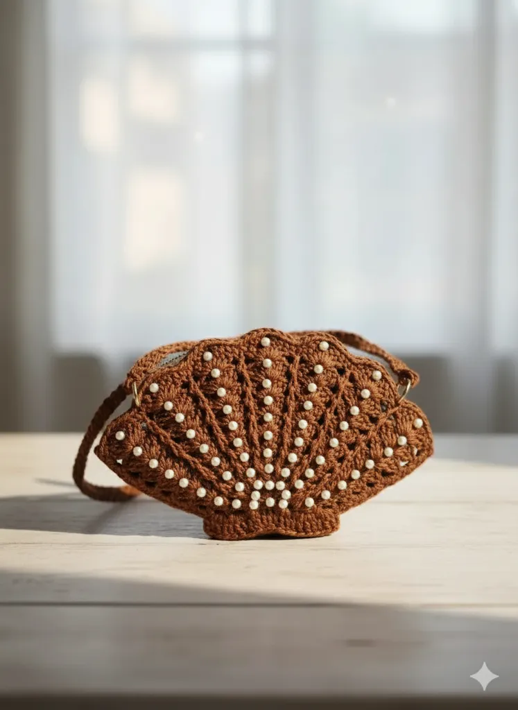 Kahverengi Kağıt İp İstiridye Model İnci Detaylı Örgü Çanta