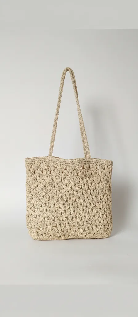 Bej Renkli Örgü Omuz Çantası - Büyük Boy - El Emeği