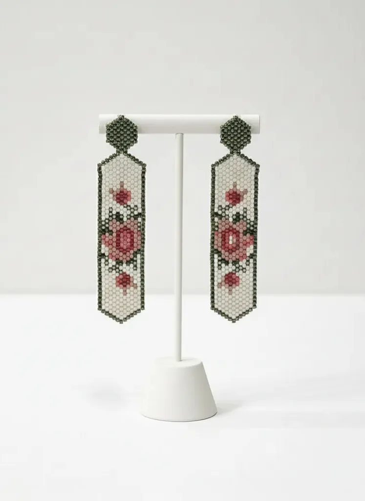 Yeşil ve Beyaz Çiçek Desenli Miyuki Boncuk Küpe - El İşi