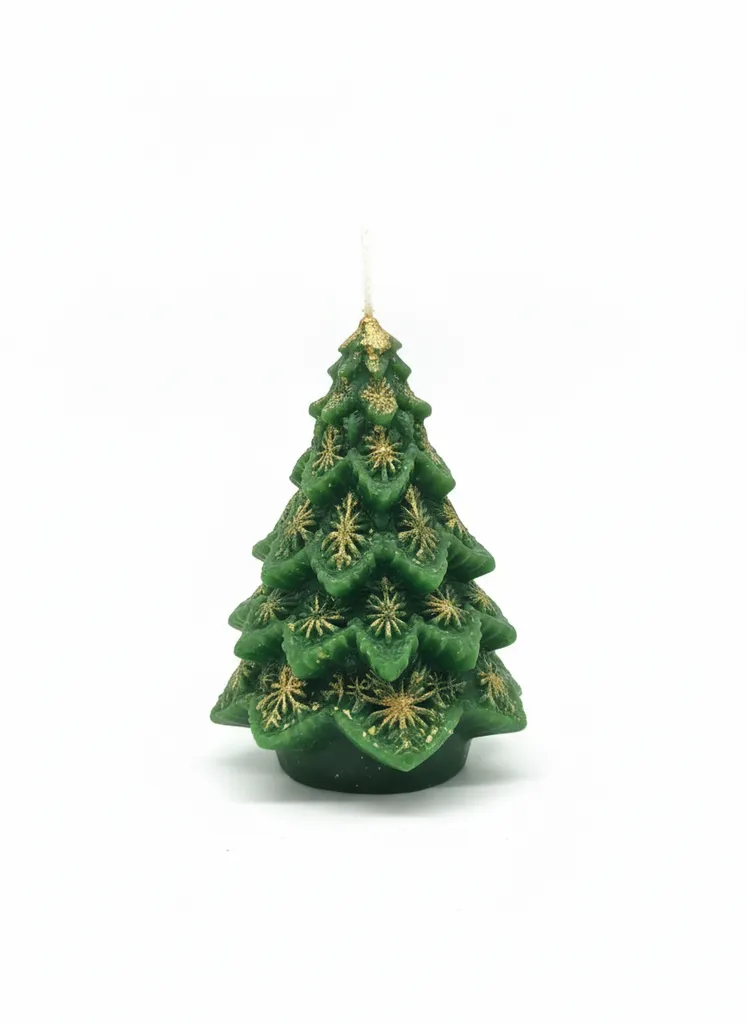 Yeşil Çam Ağacı Mum - Altın Kar Tanesi Detaylı Dekoratif Mum