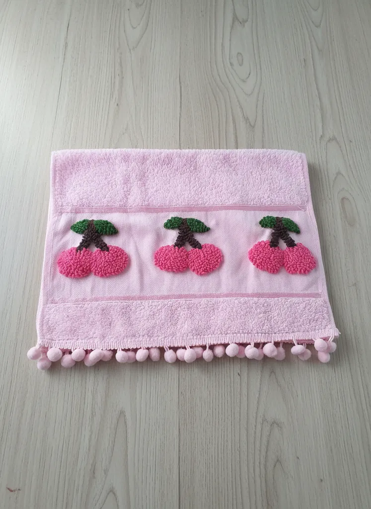 Pembe Punch Nakışlı Pamuklu Mutfak Havlusu - Kiraz Desenli El Emeği