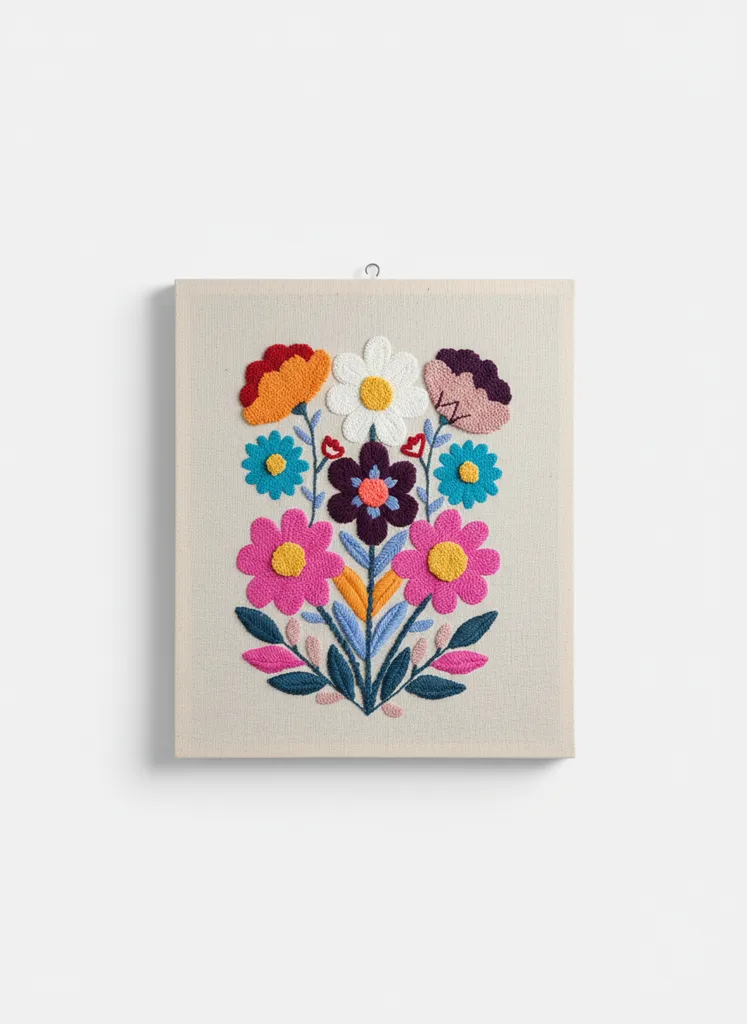 Renkli Çiçek Motifli Nakışlı Kasnak Tablo - El Yapımı