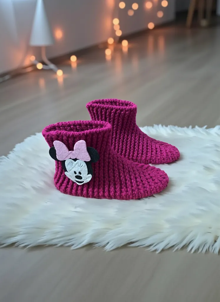 Pembe Örgü Minnie Desenli Bebek Patik Bot – El Yapımı, Sıcak Tutarlı