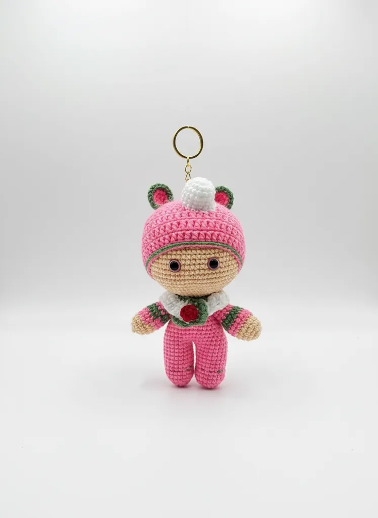 Pembe Örgü Oyuncak Bebek Anahtarlık - Şapkalı Çocuk Figürü