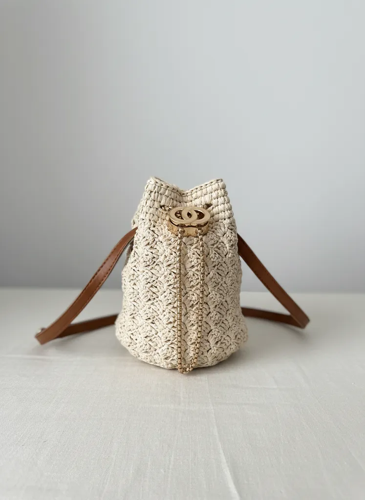 Krem Renkli Rafya Örgü Torba Çanta - Kahverengi Deri Askılı