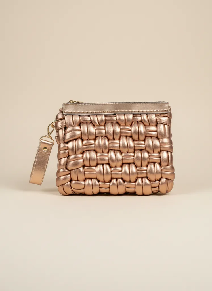 Metalik Bronz Örgü Desenli Deri Görünümlü Kadın Clutch Çanta