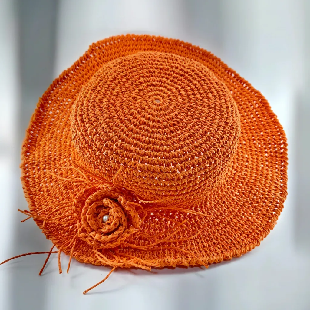 Turuncu Kağıt İp Şapka - Gül Detaylı, Yazlık Plaj Şapkası