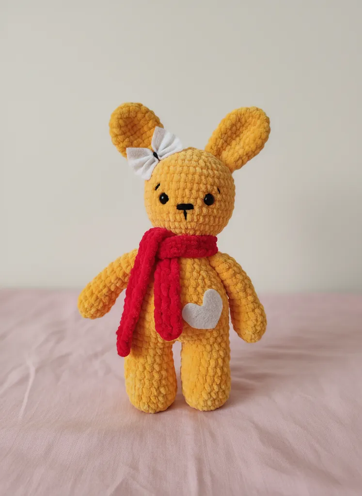 Sarı Kadife Örgü Tavşan Amigurumi Oyuncak Bebek - Anahtarlık Hediyeli