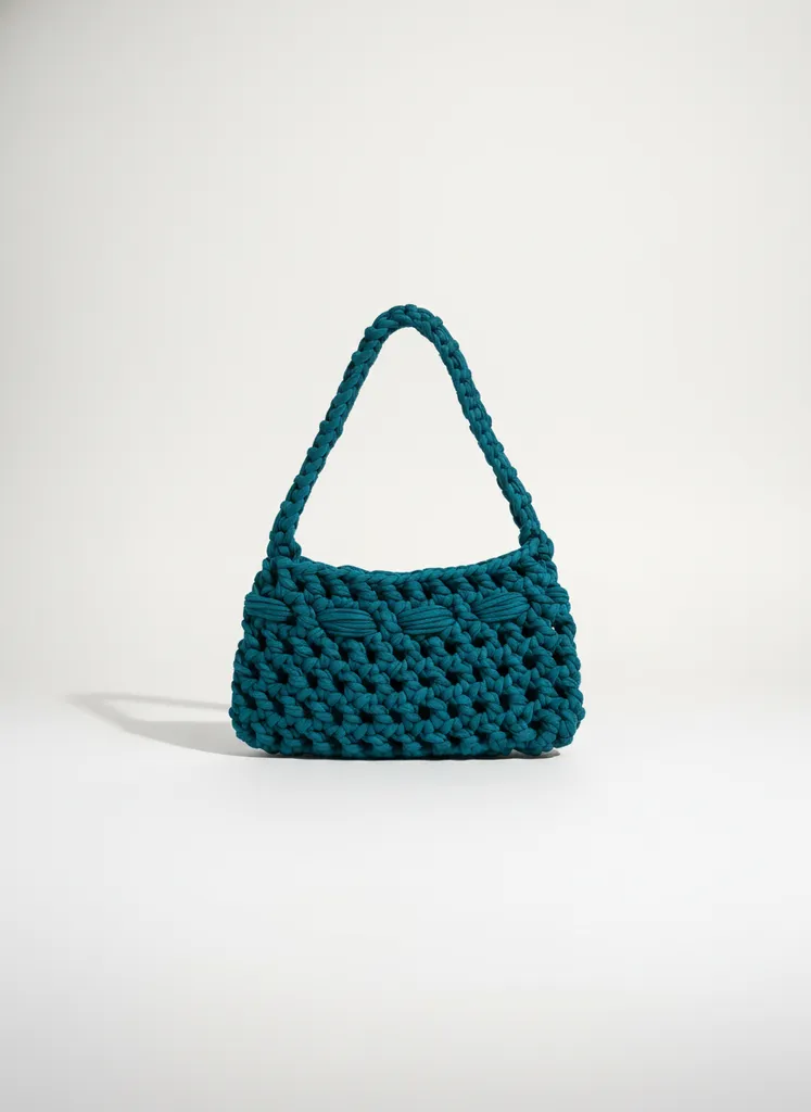 Turkuaz Renkli Penye İpten Örme Omuz Çantası - El Emeği