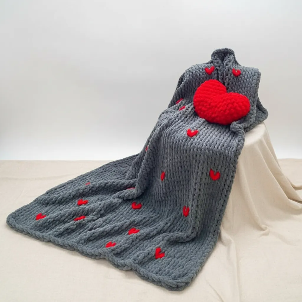 Gri Renkli Kalp Desenli Alize Puffy Örme Bebek Battaniyesi