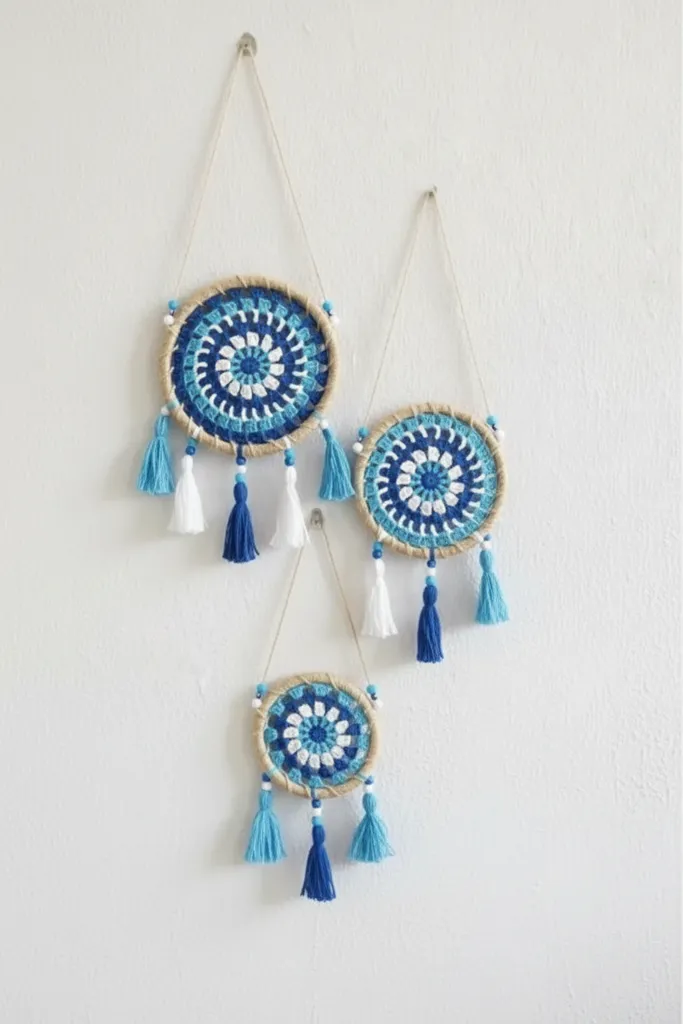 Mavi ve Beyaz Örgü Düş Kapanı Duvar Süsü - 3'lü Set