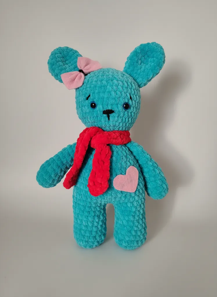 Mavi Kadife İpten Örme Amigurumi Tavşan Bebek ve Yavrusu