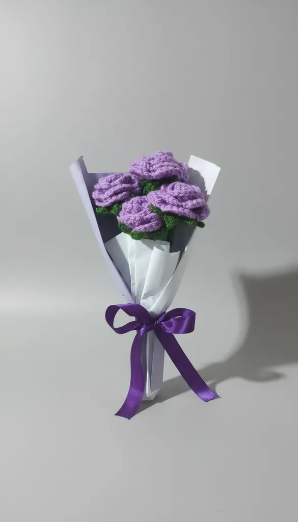 Lila Renkli Örgü Gül Buketi - 4 Adet El Emeği Hediyelik Çiçek