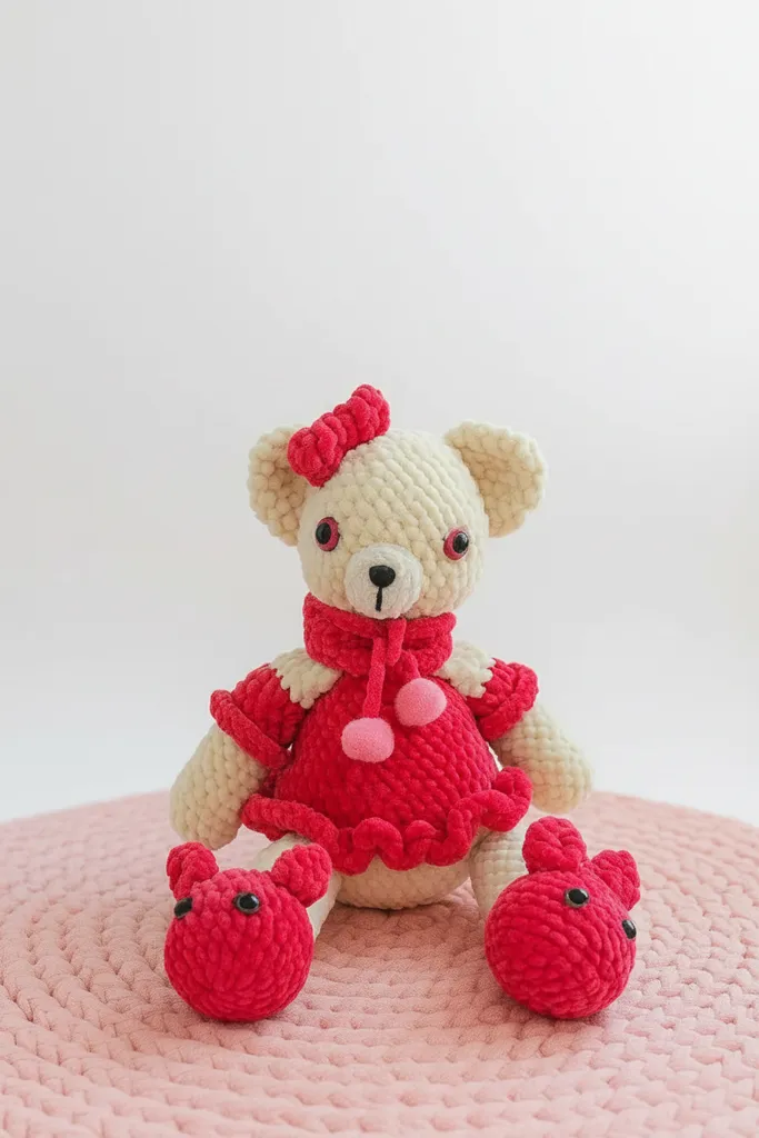 Kadife İpten Örme Pembe Giysili Oyuncak Ayıcık - 38 cm